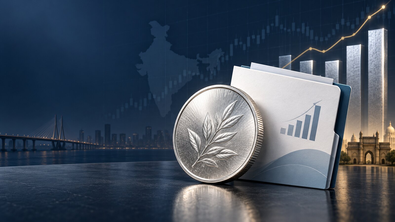 Silver coin and investment documents with an Indian market chart in the background