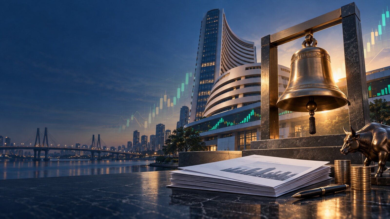 Indian stock exchange building with an IPO bell, market documents and listing charts