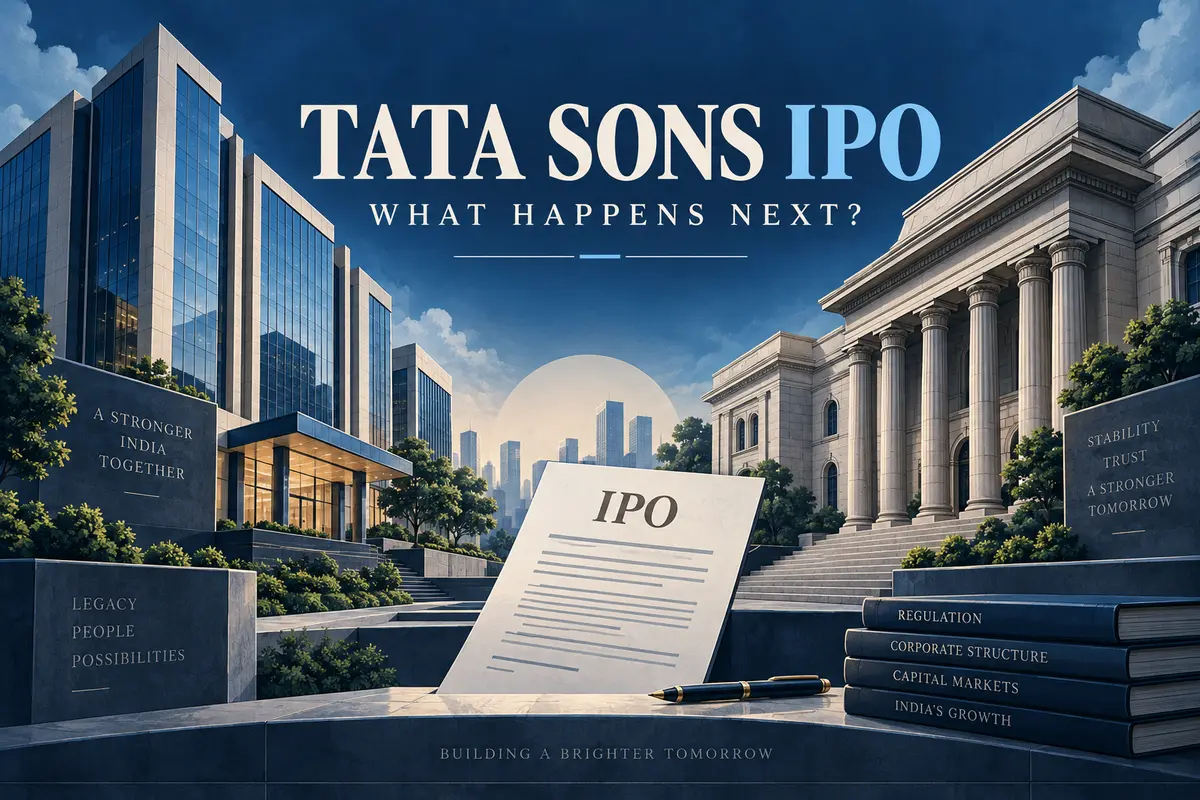 Editorial illustration of corporate and central bank buildings with an IPO document, titled Tata Sons IPO: What happens next?